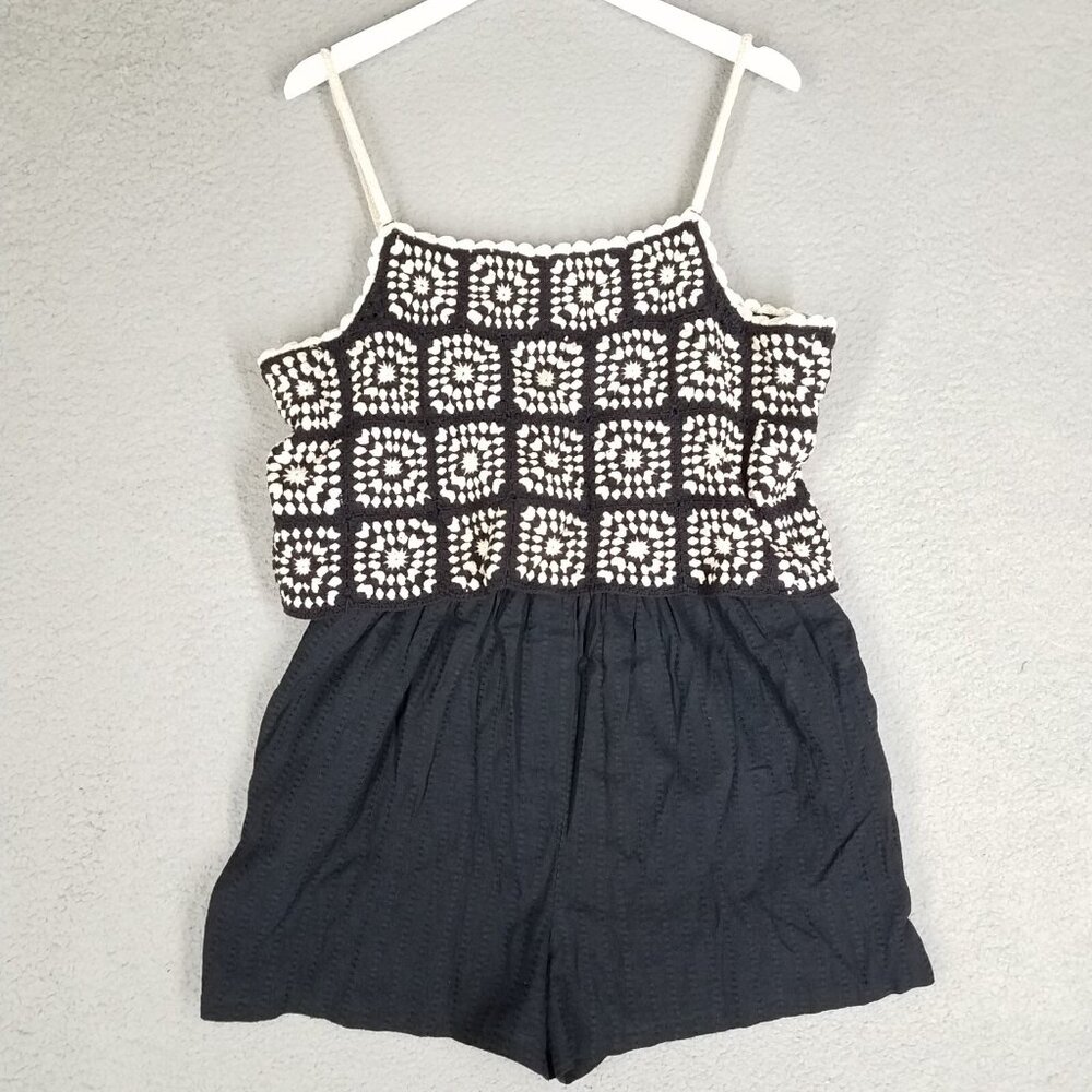 Lucky Brand Crochet Romper Women's Medium Black Shorts Granny Squares Summer